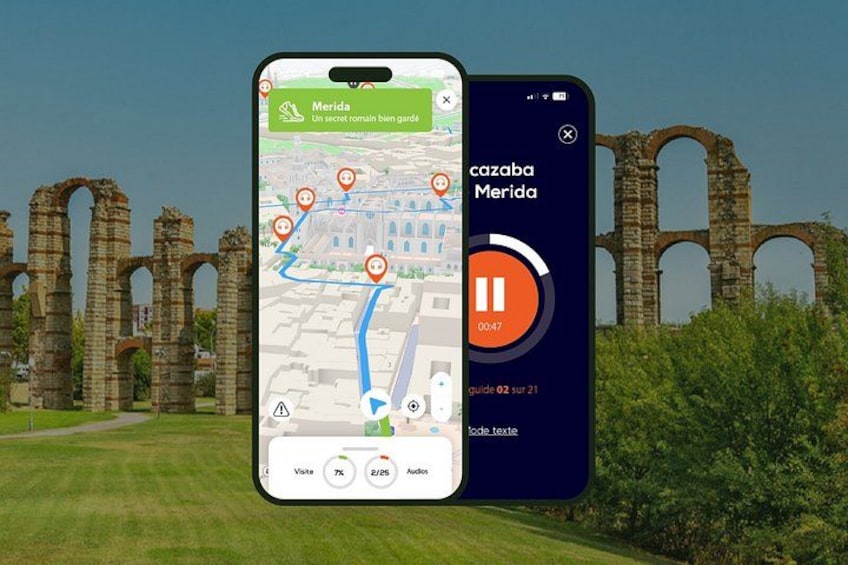 A smartphone displaying a map with a route and an audio guide for Merida. 1