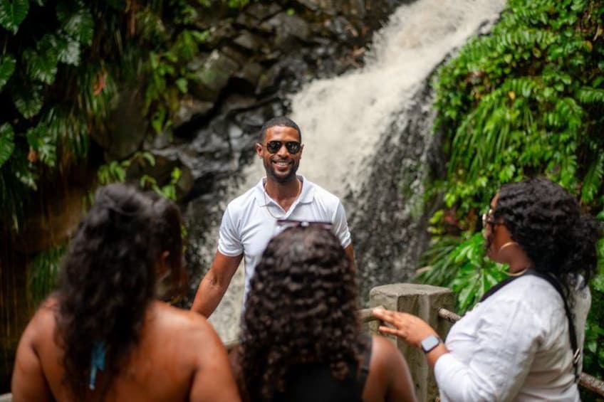 A waterfall, lush greenery, and a person in a white shirt. 2