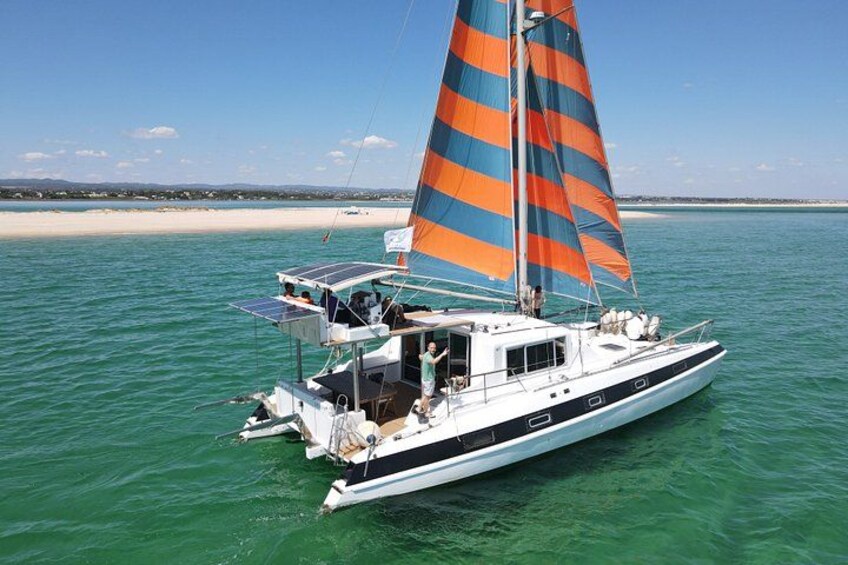 Un velero con velas a rayas sobre aguas turquesas tranquilas cerca de una playa arenosa. 3