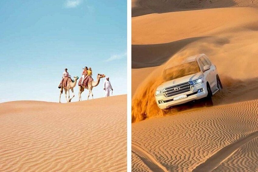Wüstenlandschaft mit Sanddünen und einem weißen Auto, das durch den Sand fährt. 1
