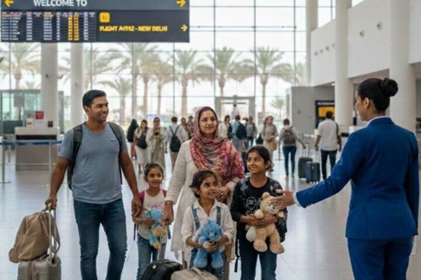 A family with luggage and stuffed toys at an airport, with a flight information board in the background. 5