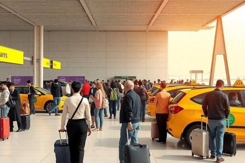 A busy airport terminal with people and taxis. 2