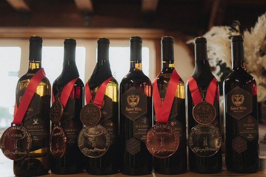 Una hilera de botellas de vino con medallas en la parte superior, exhibidas sobre una mesa. 5