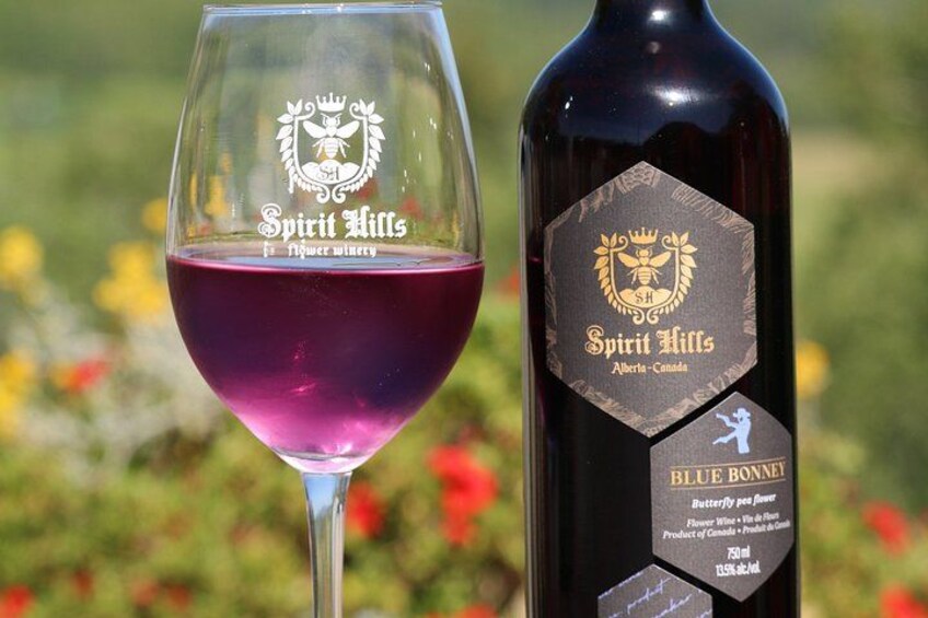 Una botella de vino Spirit Hills Blue Bonney y una copa de vino tinto, con el logotipo de Spirit Hills. 3