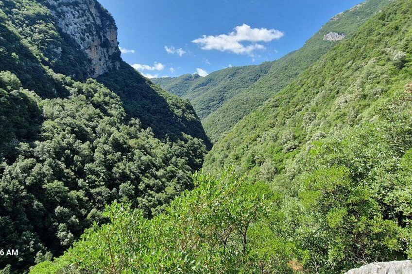 A mountainous landscape with dense green vegetation and a clear sky. 1