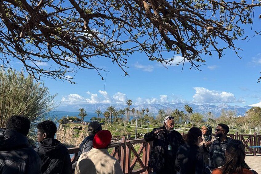 A group of people standing on a wooden deck overlooking a mountainous landscape with palm trees and a clear sky. 4