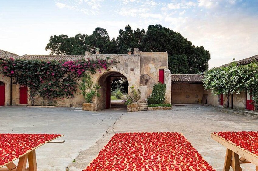 A courtyard with a stone archway, red doors, and flowering vines. 1