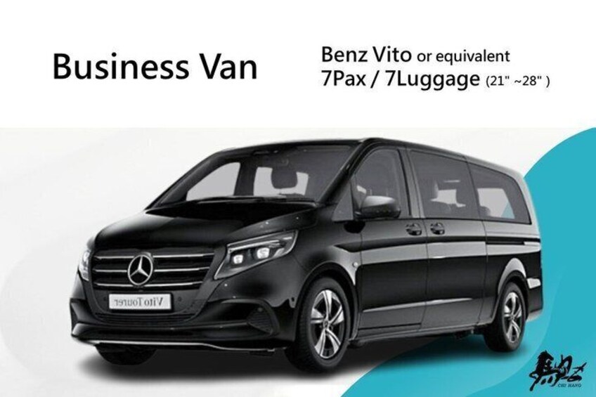 A black Mercedes-Benz Vito business van with a 7 passenger capacity and 7 luggage compartments. 2