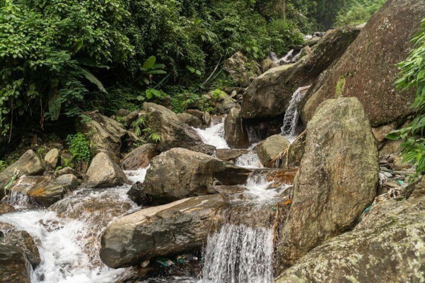 A rocky stream with water flowing over rocks in a forested area. 1