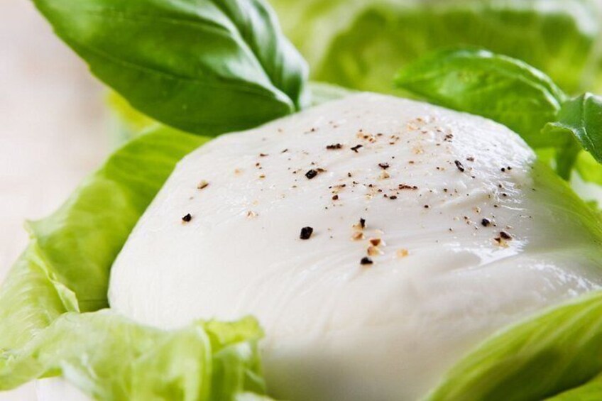 A round white cheese with black pepper on a bed of green lettuce leaves. 5