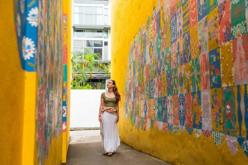 Una persona de pie en un callejón estrecho con murales vibrantes y coloridos en las paredes. 5
