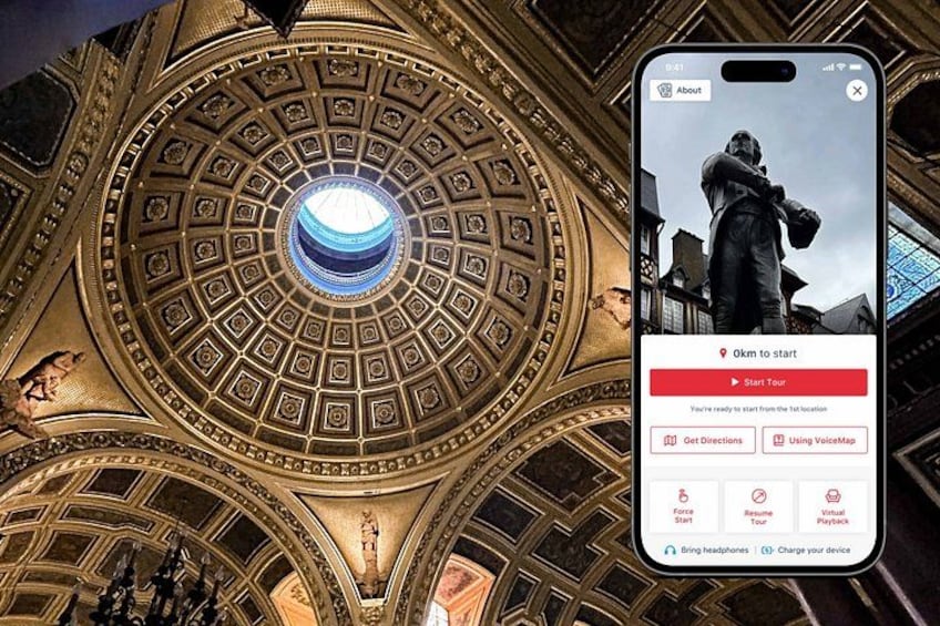 A smartphone displaying a tour app interface with a historical building's dome and statue. 1