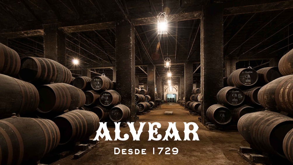Una bodega con hileras de barriles de madera, una lámpara central y la inscripción 'ALVEAR DESDE 1729'. 1