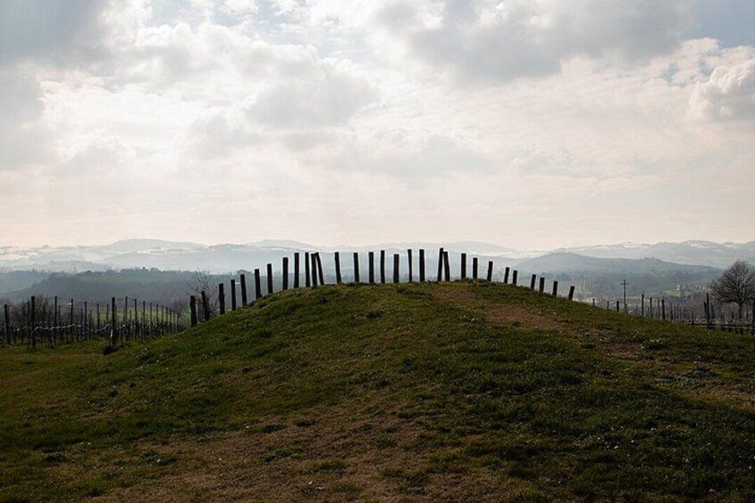 A grassy hill with a wooden fence in the foreground and a cloudy sky in the background. 3