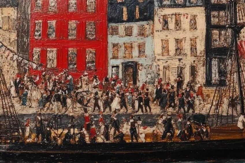 A busy street scene with pedestrians and a crowd gathered around a central point. 3