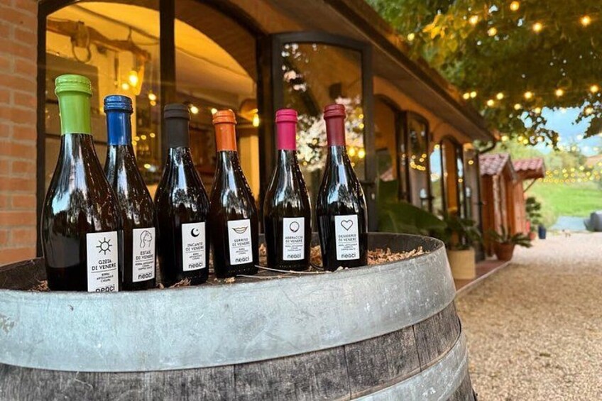 Une rangée de bouteilles de vin est posée sur un baril devant un bâtiment à la façade en briques, illuminé de guirlandes lumineuses. 1