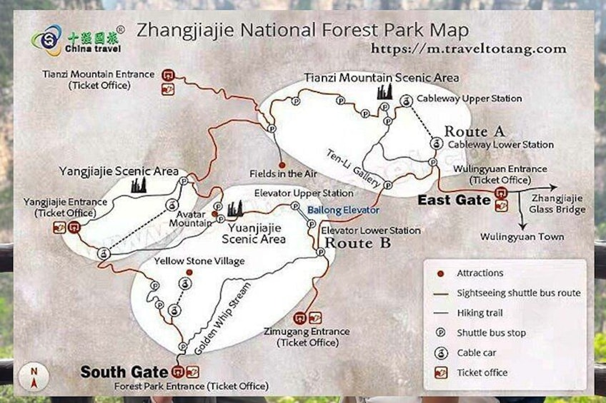 A map of Zhangjiajie National Forest Park with marked scenic areas, hiking trails, shuttle bus routes, and ticket offices. 1