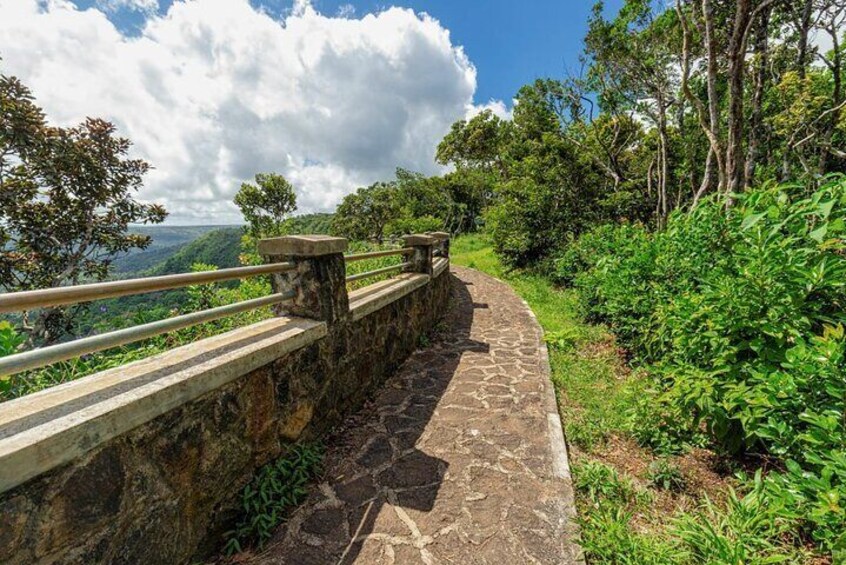 A stone pathway with a wooden railing, surrounded by lush greenery and trees. 3