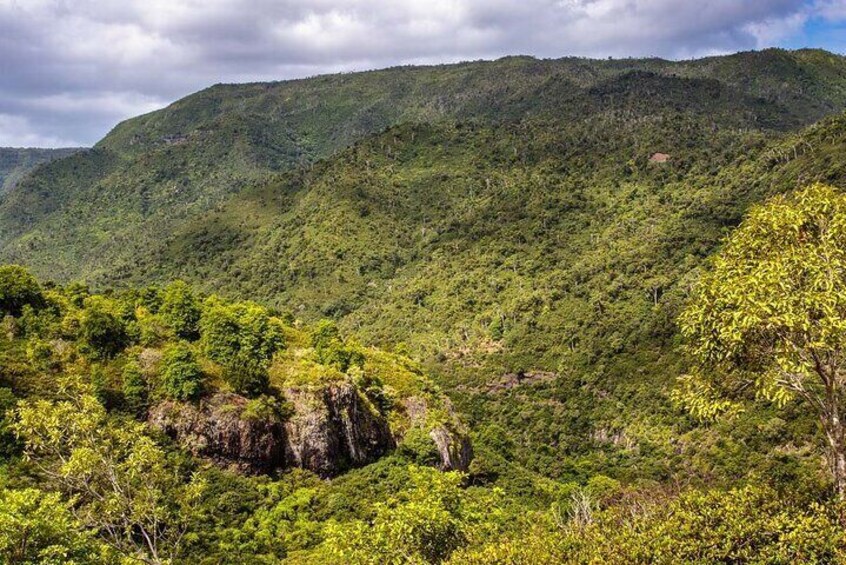 A mountainous landscape with dense green vegetation and rocky outcrops. 4