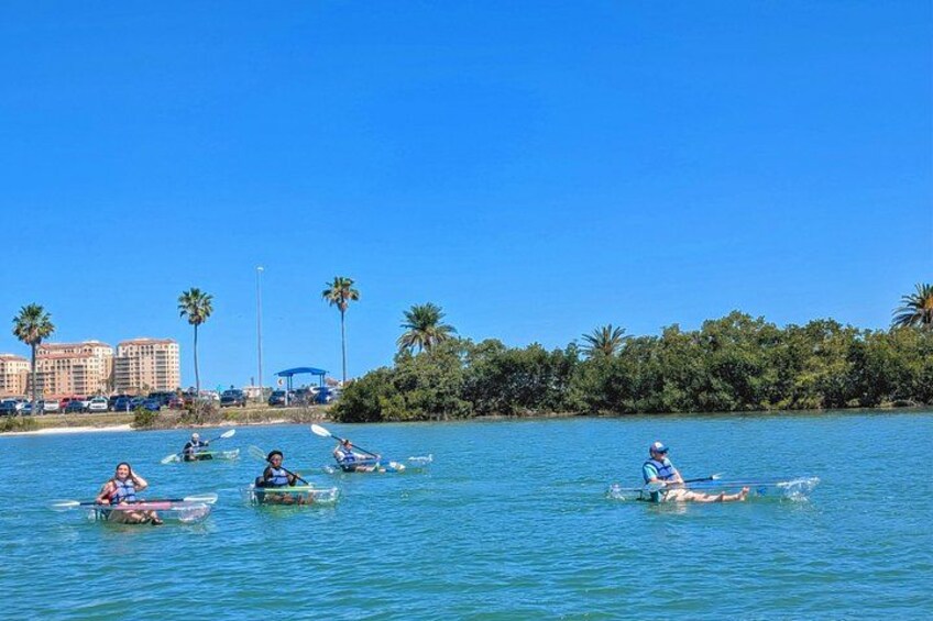 People kayaking on a calm body of water with palm trees and buildings in the background. 3
