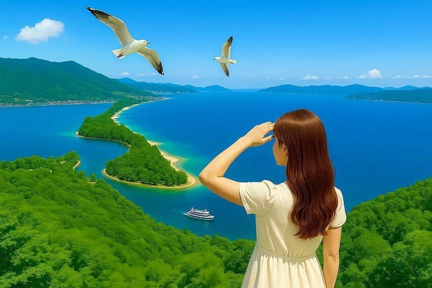 A woman in a white dress overlooking a coastal landscape with a boat and seagulls. 4
