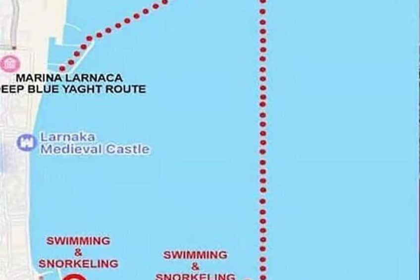 A map with a dotted line indicating the Marina Larnaca Deep Blue Yacht Route, a swimming and snorkeling area, and the Larnaka Medieval Castle. 3