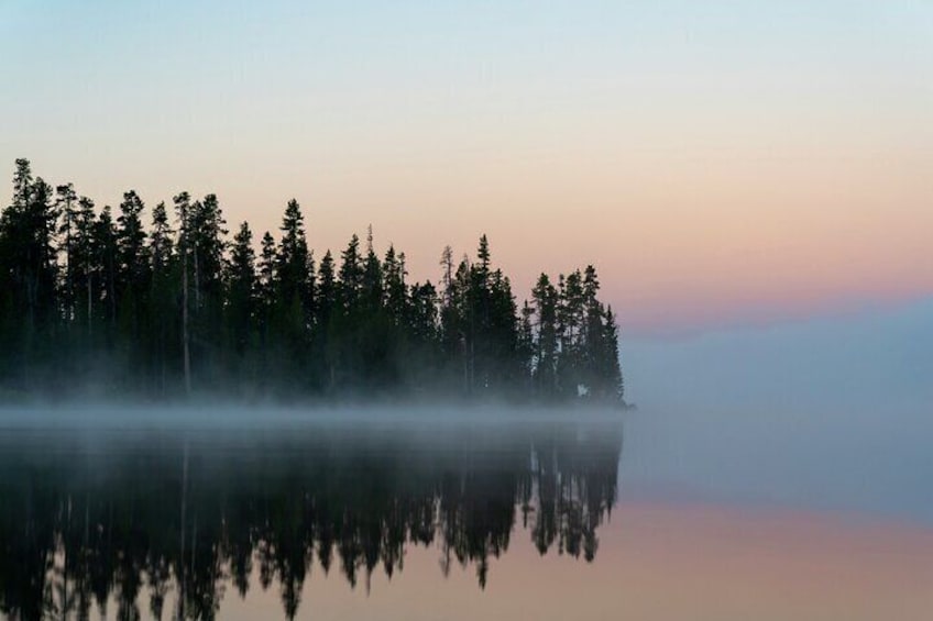 A calm lake with a forest reflection at dawn or dusk. 4