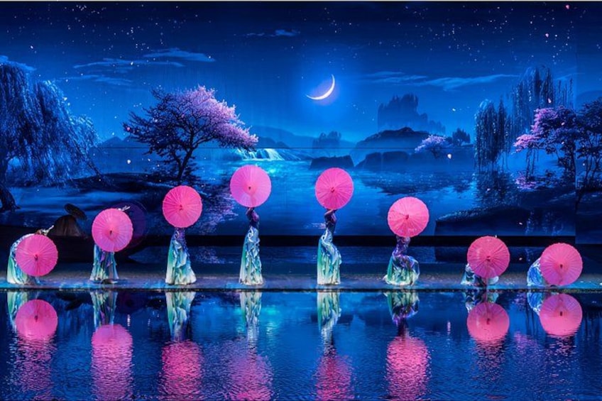 A serene night scene with a reflective water surface, a crescent moon, and pink umbrellas. 1