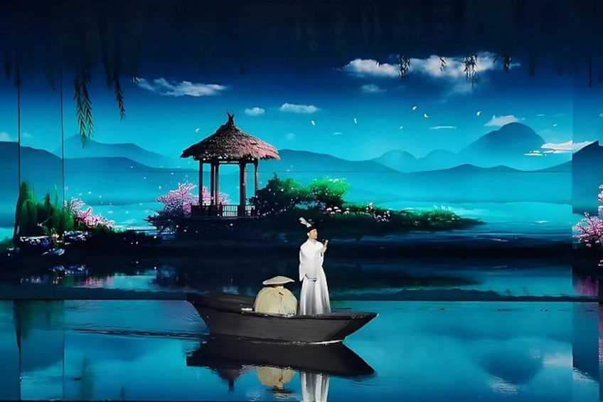 A serene lake with a gazebo, a woman in traditional attire, and a boat. 5