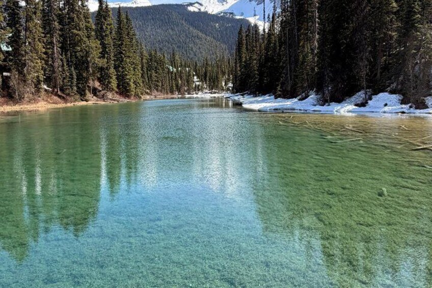 Ein klarer See, umgeben von immergrünen Bäumen und schneebedeckten Bergen. 1