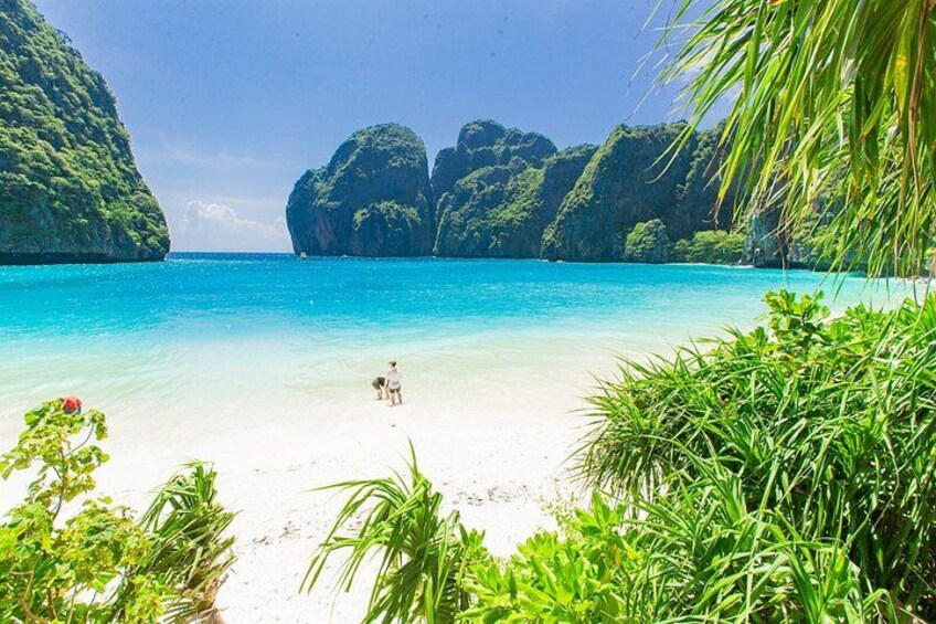 Una playa con agua turquesa cristalina, arena blanca y follaje verde. 3