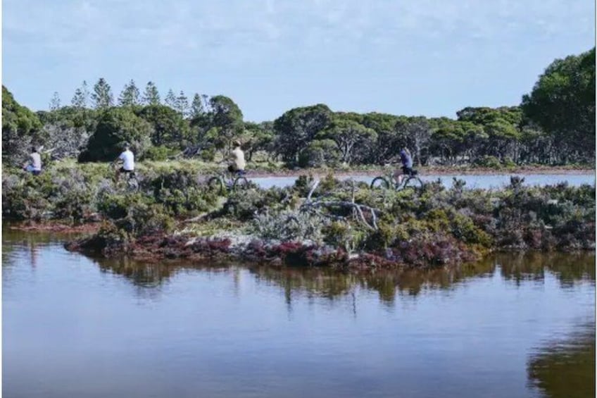 A calm lake with people biking and walking on the shore. 4