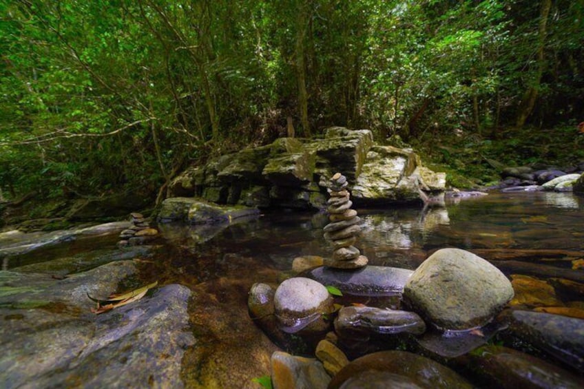 A clear stream with rocks and a stone cairn in a forest. 4