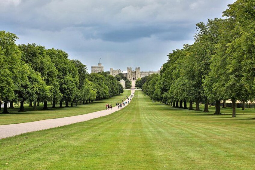 A park with a long pathway lined with trees, leading to a large building in the distance. 5