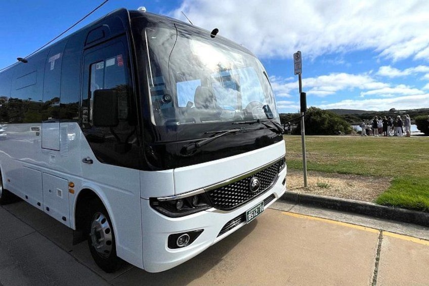 A white bus parked on a road with a grassy area and a group of people in the background. 2