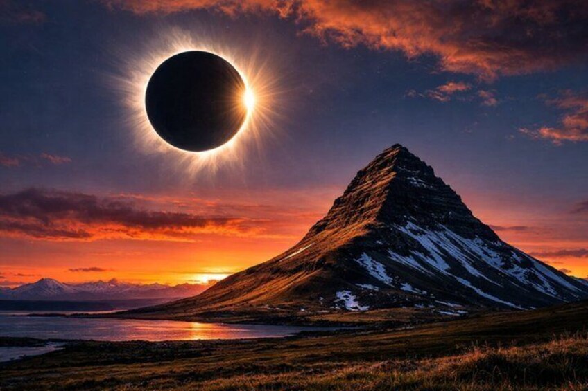 A mountain with a sun partially obscured by it, a sunset, and a body of water. 2