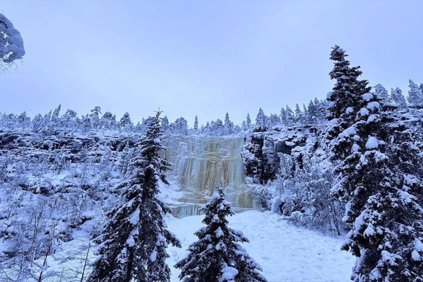 A snow-covered landscape with a waterfall and coniferous trees. 5