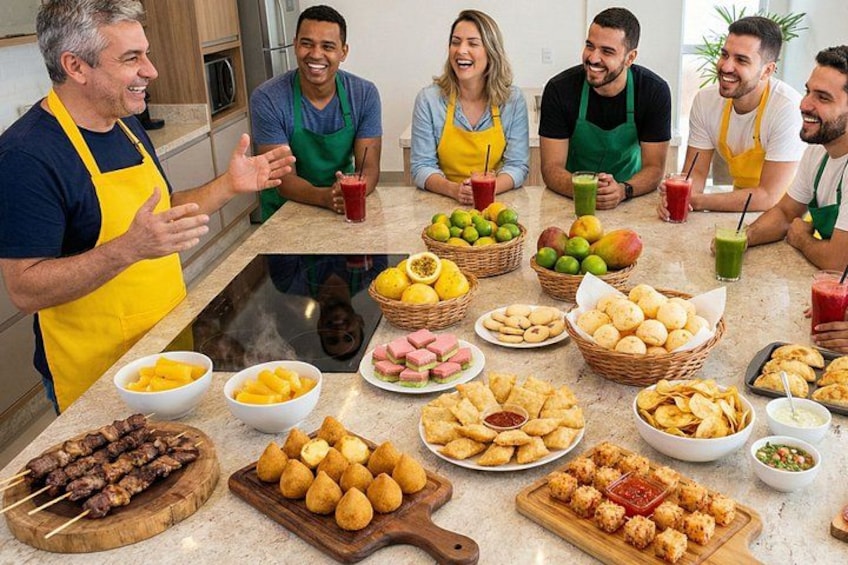 A group of people around a table with various food items and drinks. 1