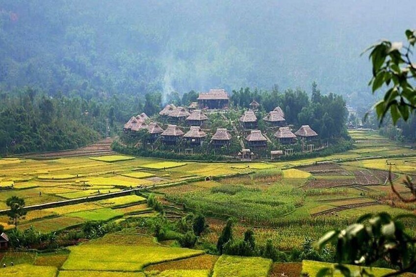 A village with thatched-roof houses surrounded by terraced rice fields. 2