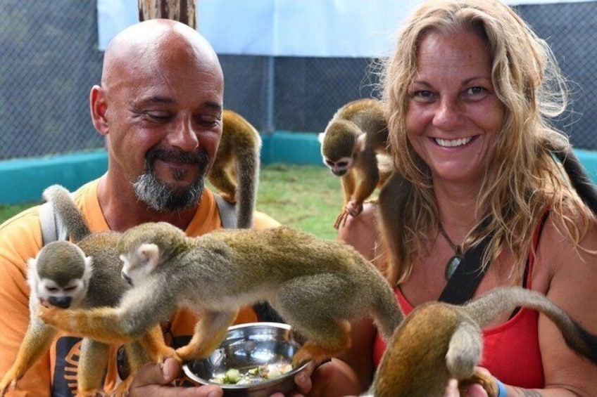 A person holding a monkey and a bowl of food. 5