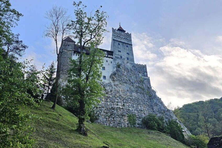 Ett slott på en grönskande kulle, omgivet av träd. 1