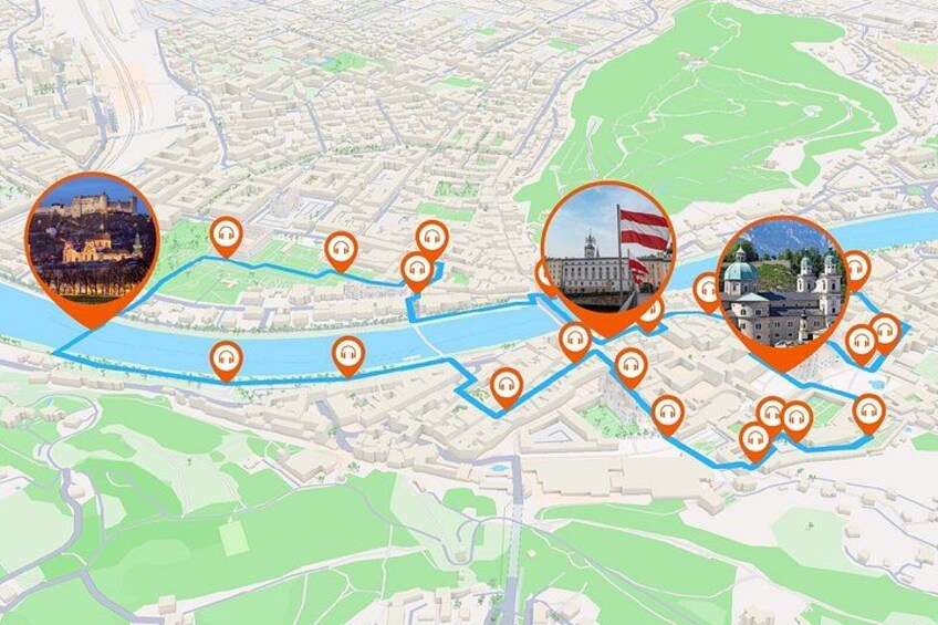A city map with landmarks and routes. 2