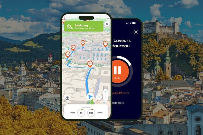 A smartphone displaying a map of Salabourg with a castle in the background. 1