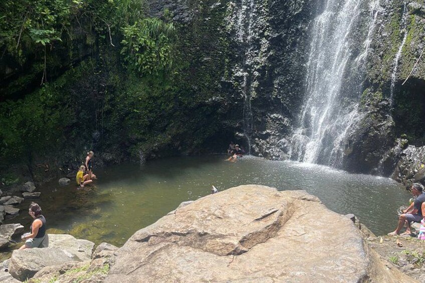 A waterfall, rocky terrain, and people swimming in a natural pool. 2