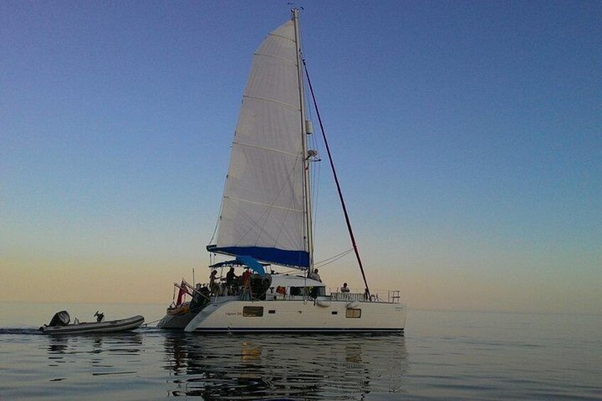 A sailboat with a large white sail on calm water. 1