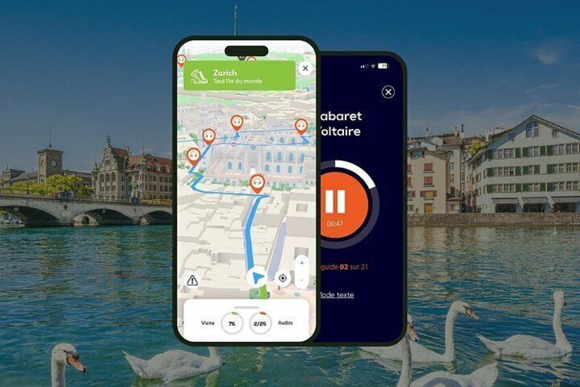 A smartphone displaying a map with a location marker, a play button, and a guide option. 1