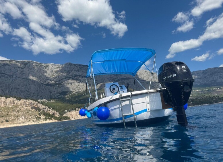 A boat with a blue canopy and a motor, anchored near a rocky shoreline with mountains in the background. 5