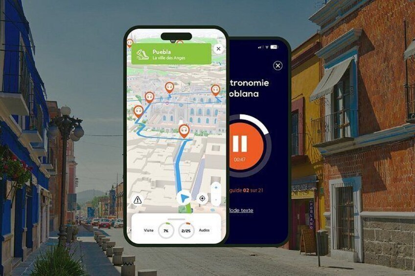 Un teléfono inteligente que muestra un mapa con una ruta, un reproductor de música y una superposición de texto. 5