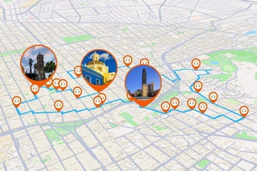 Un mapa con tres marcadores circulares que señalan puntos de interés. 1