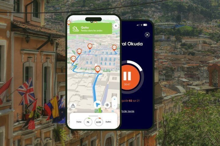En smartphone som visar en karta med en rutt markerad med röda nålar, en uppspelningsknapp och en timer. 1